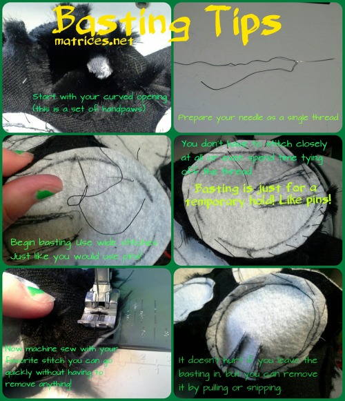 matrices:
“ Basting tips!  For some curved seams basting instead of pinning can really speed up the machine sewing process!
Pinning along curves tends to be easy to fumble, poke you, or be so closely spaced there are a tons of pins to hold everything...