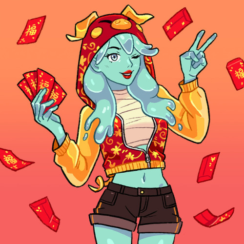 fanart of polly from the lunar new year promo for monster prom!! she is TOO CUTE in that pig hoodie 