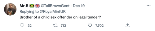 Another reply reading "Brother of a child sex offender on legal tender?"