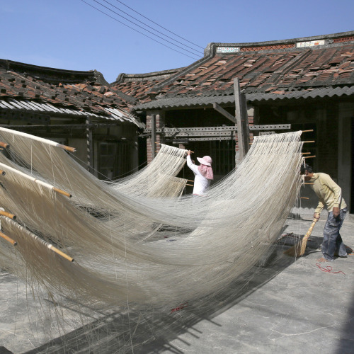 theeconomist:A woman hangs handmade noodles to dry in the sunlight in Fuxing town, Changhua County, 