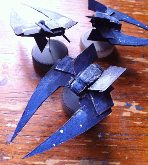 Constellation Starfighters! I made these miniature starships with some wood, recycled cardboard and 