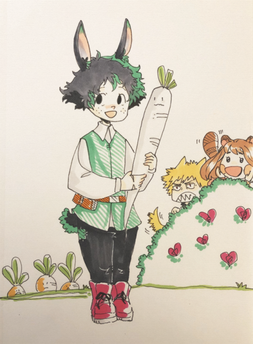 a bunny and many nervous carrots and radish and other visiting local animals.