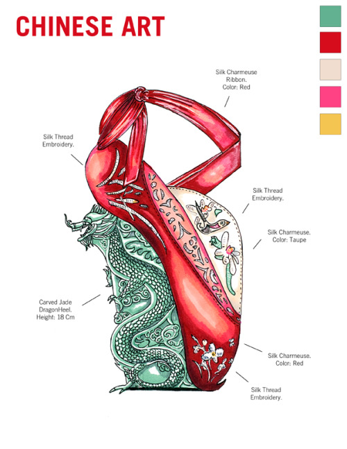 yungvermeer:  A Walk Through Art History I designed these shoes with a unique goal in mind: to create a shoe as a summation of an entire culture’s art. Each shoe possesses design qualities, color palettes, and designs only found in the respective culture.