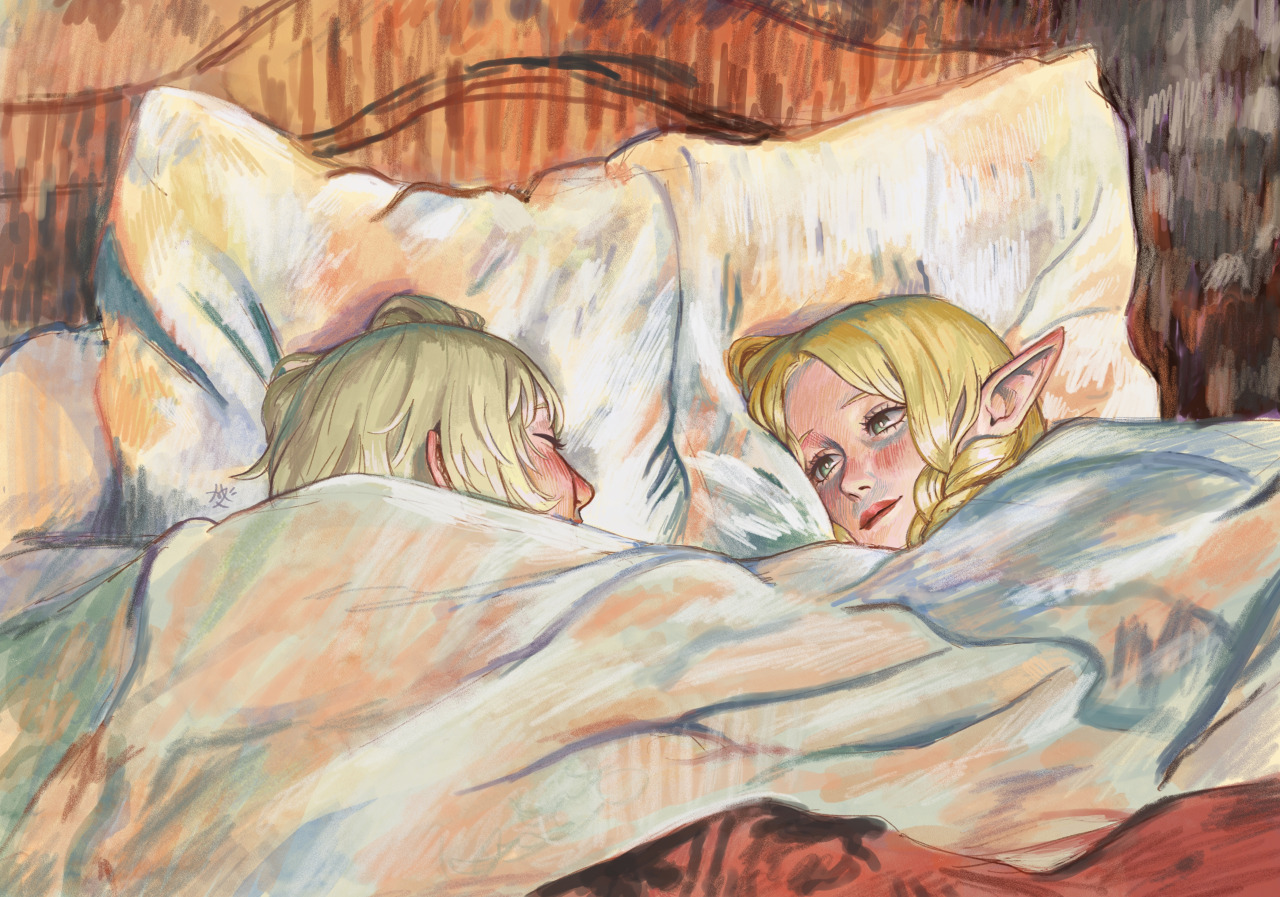 Fanart of Falin and Marcille from Dungeon Meshi, in a bed under the covers facing each other.