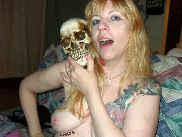 georgechaos:  Tittie tuesday with tattooed blonde whore n my skull at Chaos Dungeon.