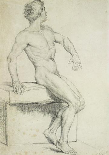 Emile-Jean Sulpis (1856-1943) Academic study of a man, black pencil on paper, 58