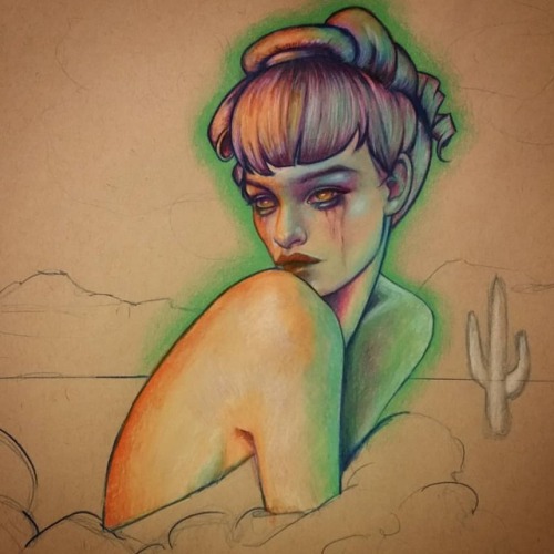 Inspired by the neon dreams of Ron English tonight. ........#WesternGothic#noir#wip#prismacolor #olg