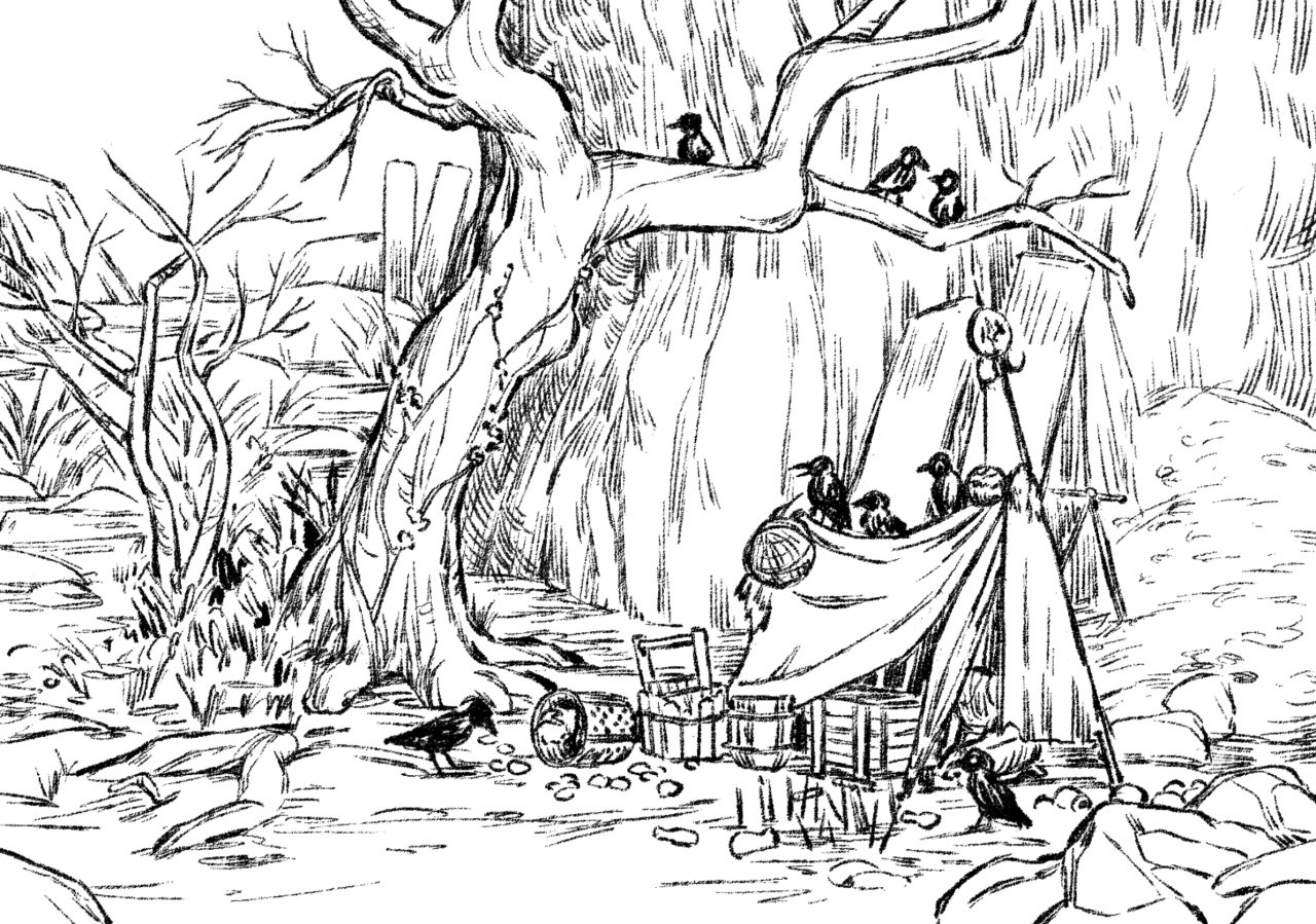 ID 1: digital ink study of exiled memorial mob merchant’s tent at the base of a cliff, under a tree, with crows gathered 