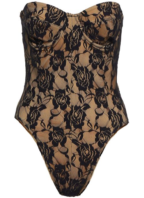 Norma Kamali | strapless Mio Corset Body in black roses lace overlay + nude base