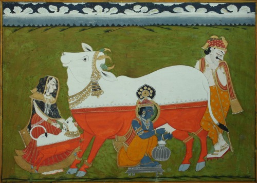 Krishna milking Cow, accomanied by parents Yashoda and Nanda - Marwar, c.1840-60