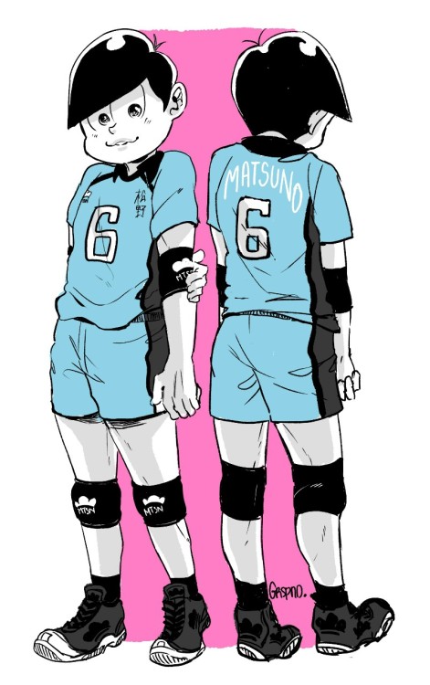 sagasogo:  MATSUNO HAIKYUU!!  I rarely to post fanart Of Osomatsu-san, But I really want to draw this crossover since a long time ago hahah.   Btw Akumatsu and Kamimatsu are on different Team.  Akumatsu probably is the Killer Ace on his team and Kamimatsu