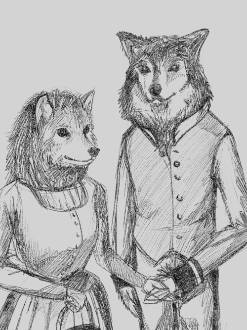 expansionarchives:Newlywed Couple, depicting two grey wolf people (Homo canis lupus) that the artist