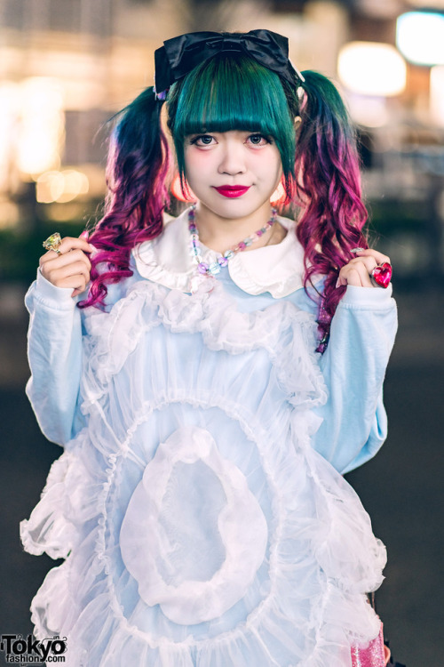17-year-old Remon and 19-year-old YunYun on the street in Harajuku with colorful twintails hairstyle