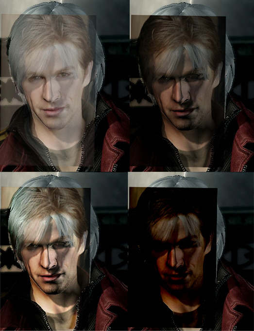 So, a friend of mine on Facebook suggested that I do a face layering experiment with Dante and his voice actor, Reuben Langdon. Gotta say that it looks cool >w<
I forgot to point out which effect is which….So the top left is 50% opacity.
Top right is...