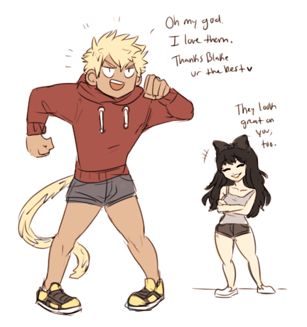 one more college!au scenario: blake buys sun short-shorts for his b-day after he compliments her pair one time.