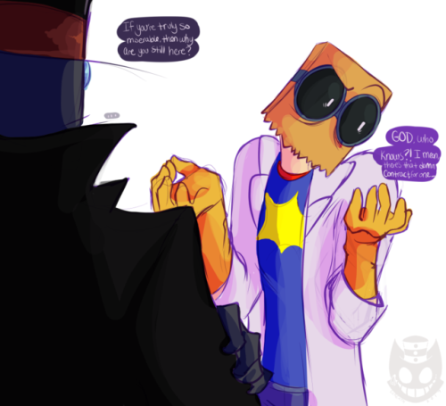 coreath:  ( ͡° ͜ʖ ͡°)(I feel like the argument stemmed from Black Hat being meaner than usual towards Flug because he’s frustrated at himself trying to understand his affectionate feelings, and Flug finally blows up about it)