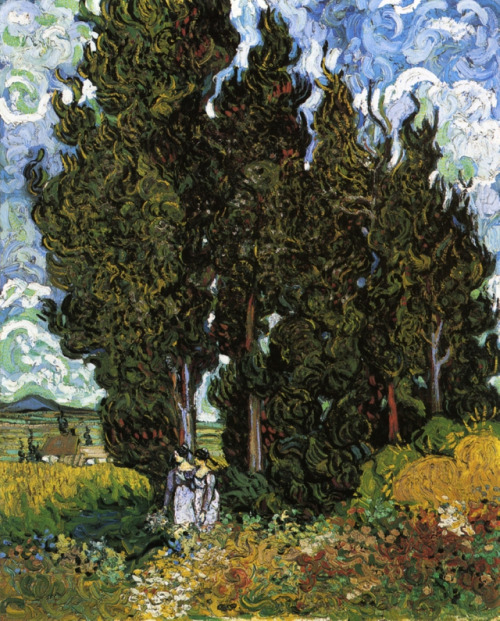 artist-vangogh:  Cypresses with Two Women, Vincent van GoghMedium: oil,canvashttps://www.wikiart.org/en/vincent-van-gogh/cypresses-with-two-women-1889