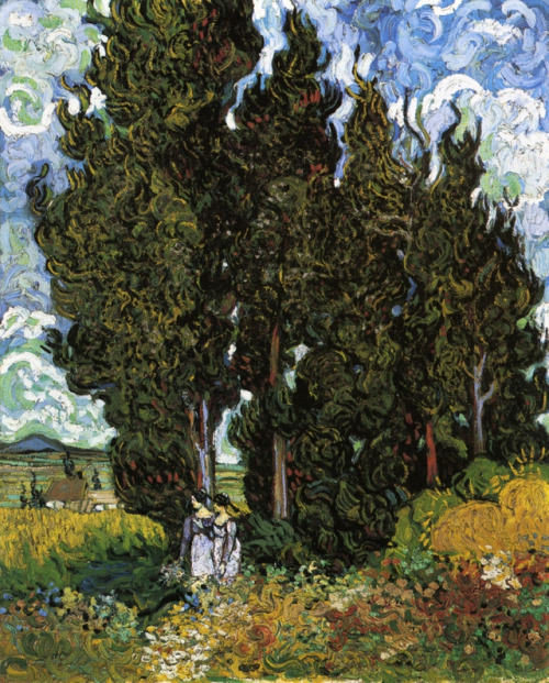 artist-vangogh:  Cypresses with Two Women, 1889, Vincent van GoghMedium: oil,canvas