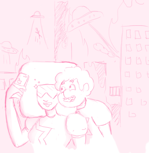 tapeworm-draws-stuff:  I had a dream Garnet brought Steven on some sort of gem buisness trip and the city they went to got attacked by monsters, so to assure Pearl that everything was alright, Garnet sent her a selfie with Steven in it. 