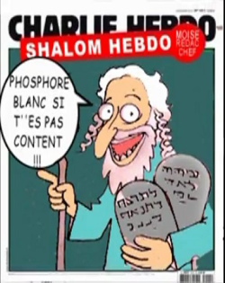 fuckyeajews:  I was asked to provide examples of antisemitic covers that Charlie Hebdo has done. My French is very rusty, so please let me know if I translated any of them incorrectly. The title of this one has been changed to Shalom Hebdo. The figure