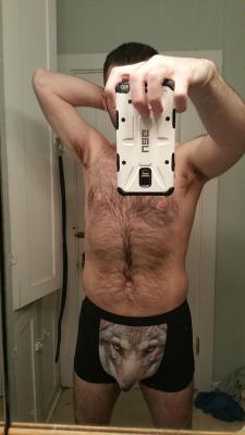 love-chest-hair:  3D wolf snout pouch briefs.