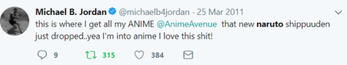 jaxblade:    I love how people just now found out Michael B Jordan is an Anime fan and keep retweeting and finding old stuff from him haha   