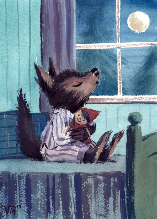 thelightfluxtastic:victoriamaderna:Werewolf pup. [Image ID: Painting of a little werewolf in striped