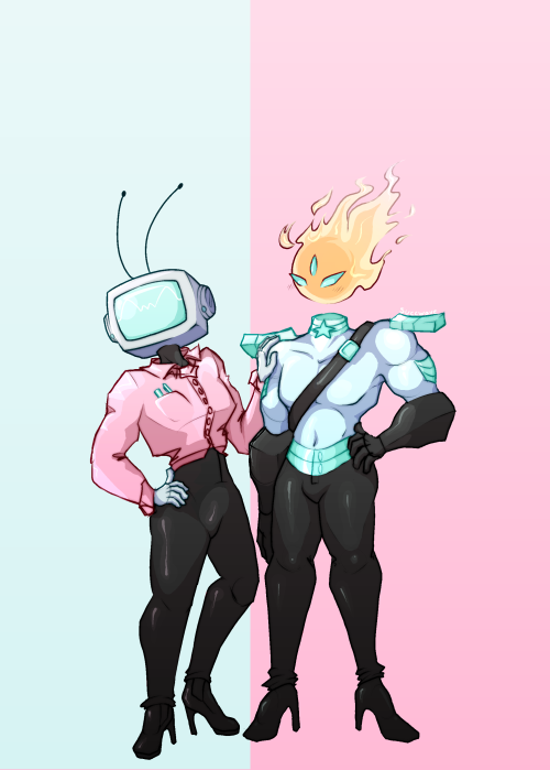mystereobot:  succwave: this was hella good practice for drawing clothes and somewhat less mech-like bodies  Characters Beau (right) and Andy (left) belong to @bioatomic :V  !!!!