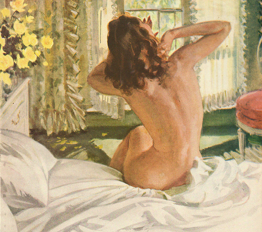 grayflannelsuit:  Artwork detail from a 1946 ad for Pacific Sheets. Ooh la la!