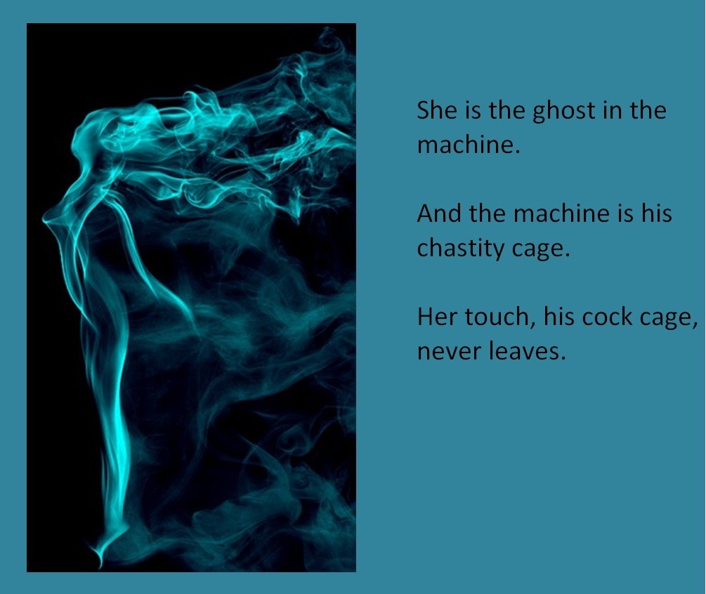 She is the ghost in the machine.And the machine is his chastity cage.Her touch, his