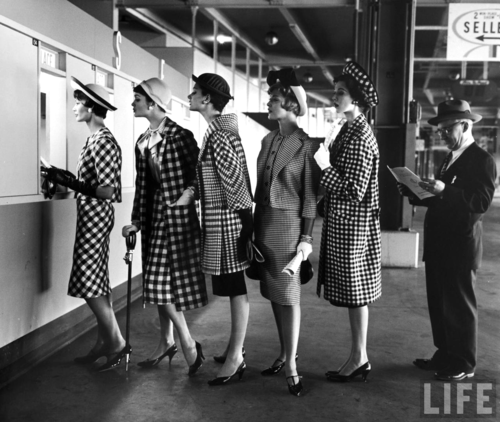 onlyoldphotography:  Nina Leen: 5 models wearing fashionable dress suits at a race track betting window, at Roosevelt Raceway. 1958 