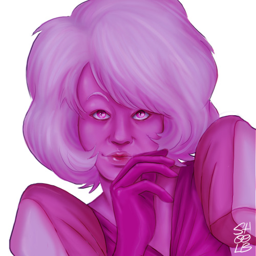 [id: a digital drawing of pink diamond in a semi-realistic style. her expression is amused. she is h