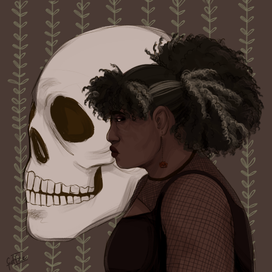 [ID: a profile of georgie barker, a fat black woman that has dark curly hair with a grey streak. she has dark makeup, rose...