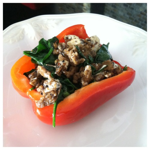 Red bell pepper stuffed with Upton&rsquo;s italian seitan, mozzarella Daiya, and spinach. Took l