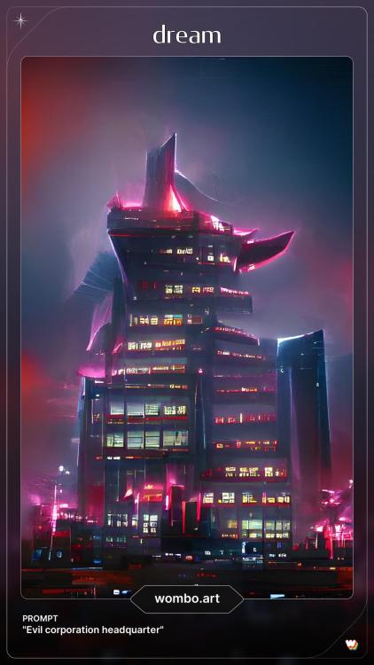 evilbuildingsblog:  AI generated using the terms « evil corporation headquarter »