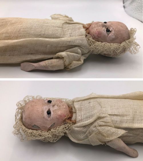 wildbeautifuldamned: Antique 8.5 German Baby Papier Mache Head doll w Cloth Stuffed Body, Glass eyes