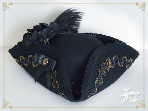 A closer look at our The Fraternitati tricorn in black with gold accents.