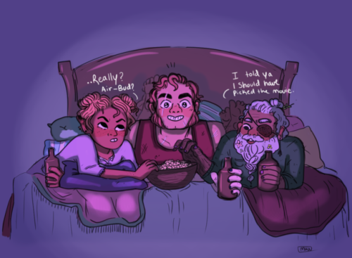 cute-cartoons-and-coffee-stains: The Tres Horny Boys are having a movie night! Magnus always picks f