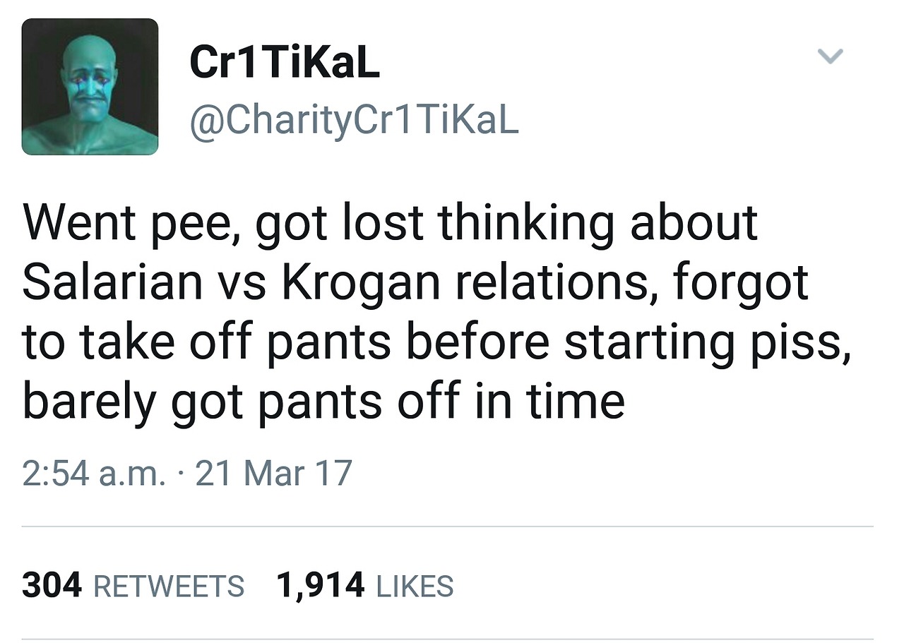 treebagel:  This tweet reads exactly like Mordin’s speech pattern.
