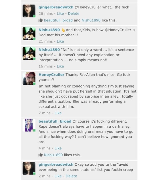 asshats-of-feabie:  Feabie user HoneyCruller is a rape apologist and blames victims.  Jfc