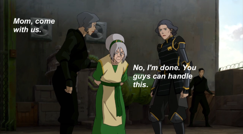 kuvirsass:  But let’s just talk about the fact that the Beifong’s have been fighting off Kuvira’s army for a while and were on the brink of getting captured again yet Toph, a blind old woman with a sore back who wanted nothing to do with this fight,