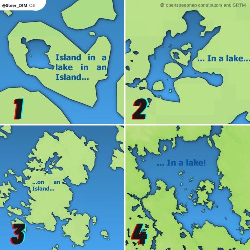 mapsontheweb:Here is a map of 1: an island in a lake in an Island, 2: in a lake, 3: on an Island, 4: