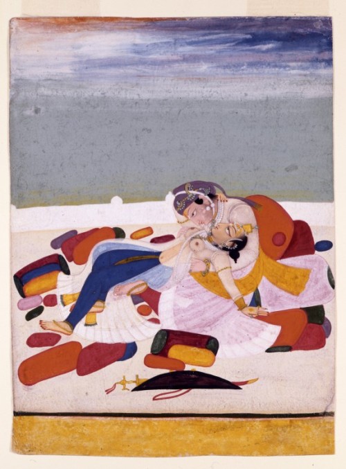 Lovers on a Terrace - Chokha (Attributed), c. 1800-1825Pigments on paper, H: 8 9/16 x W: 6 3/8 in. (