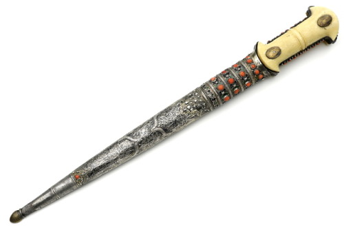 Turkish dagger with silver sheath and ivory handle, mounted with red coral and emerald, 18th century
