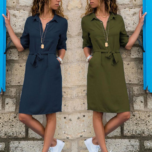 Casual Single-Breasted Solid Tie-Wrap Dress! Only $6.45