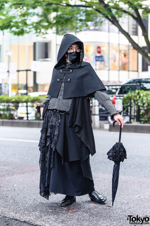 Japanese artist Seryu on the street in Harajuku. His gothic look includes a hooded cape by Atelier B
