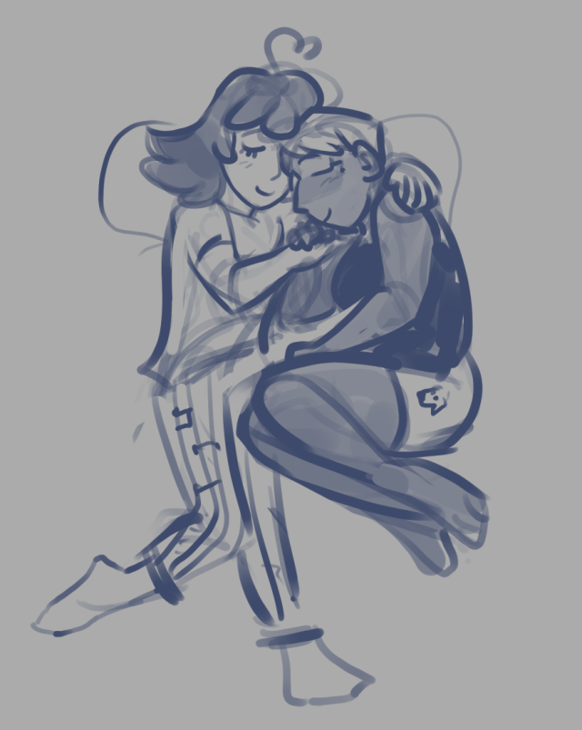Seb and Fran holding hands while cuddling/sleeping in bed. Seb has music staff pajama pants.