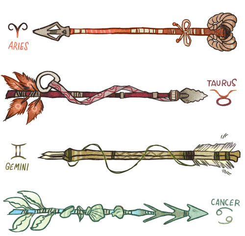 gabriel-picolo:   Zodiac Arrows    ♈️ Aries were the vanguard, they invented the custom arrows. The purpose of the horns was to stake their claim on the target or territory.♉️ Taurus arrows are tied together with a lace that has a bull’s nose