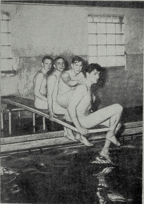 profoundgaiety:The men’s swim team did it naked, back in the day.  Lakehead yearbook, 1960.