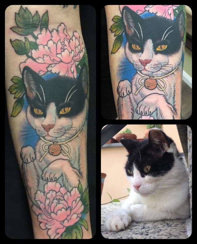 Mandy 💙💚💜 Tattoo by Wendy Pham https://instagram.com/wenramen #Wendy Pham#Wen Ramen#cat tattoo#arm tattoo#berlin#taiko gallery#cat#cats#tattoo#japanese tattoo